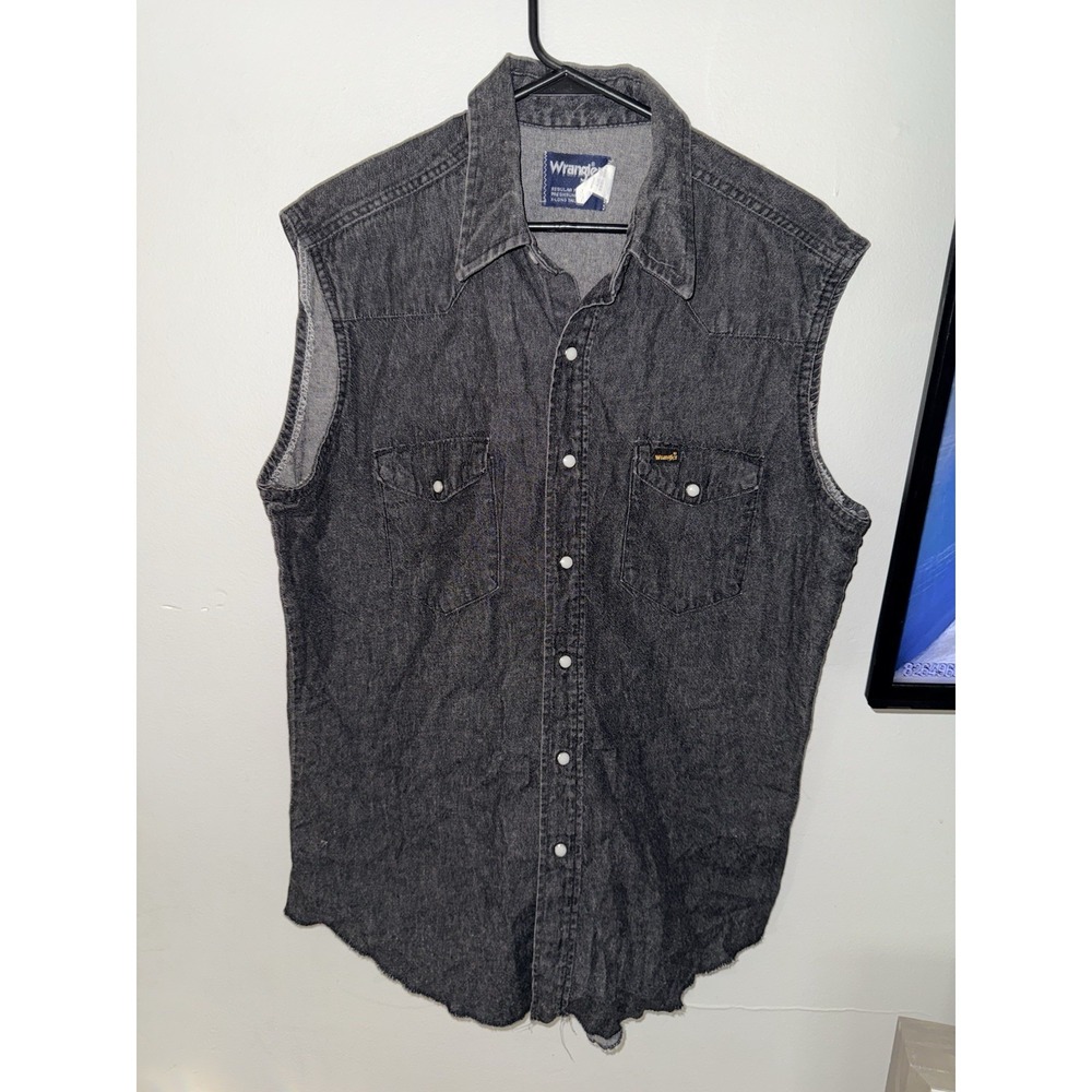 Wrangler Mens Sleeveless Denim Western Pearl Snap Shirt Charcoal Black‎ L